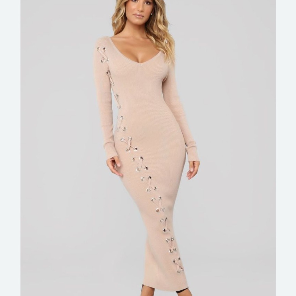 Fashion Nova Lace-Up Long Sleeve Dress in Beige